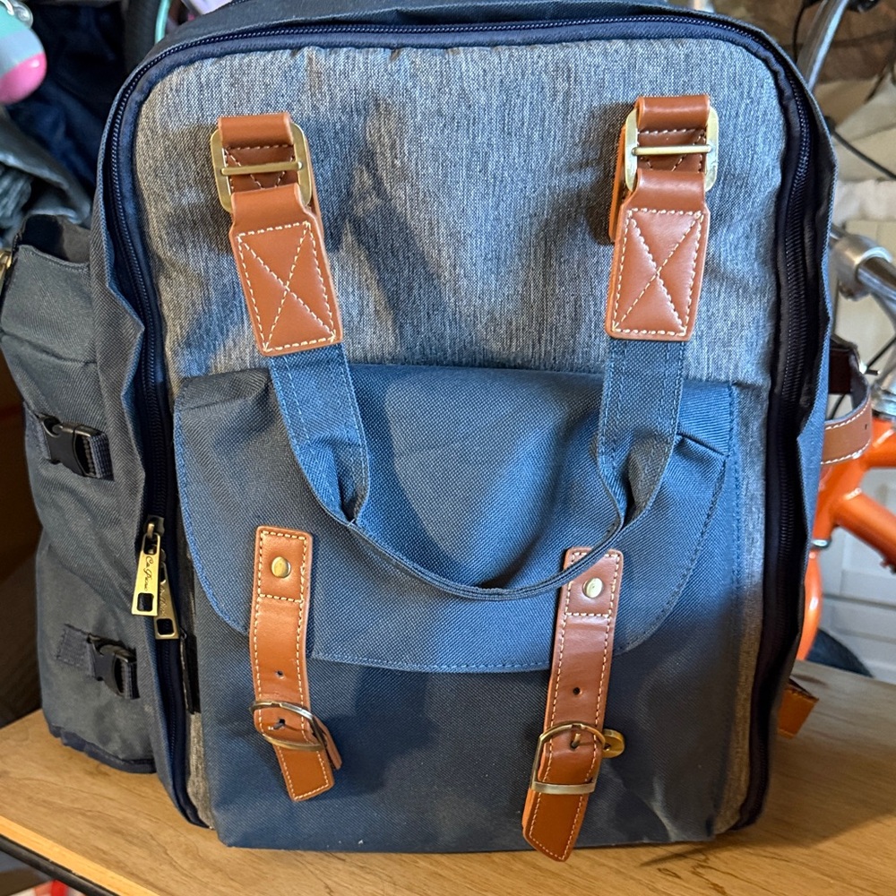 Elegant Blue and Gray picnic Backpack with Leather Accents